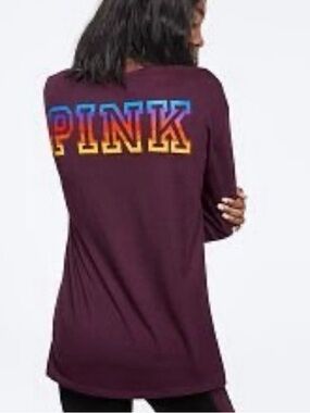 Victoria's Secret PINK V-Neck Long Sleeve Rainbow Logo Campus Tee Size Medium